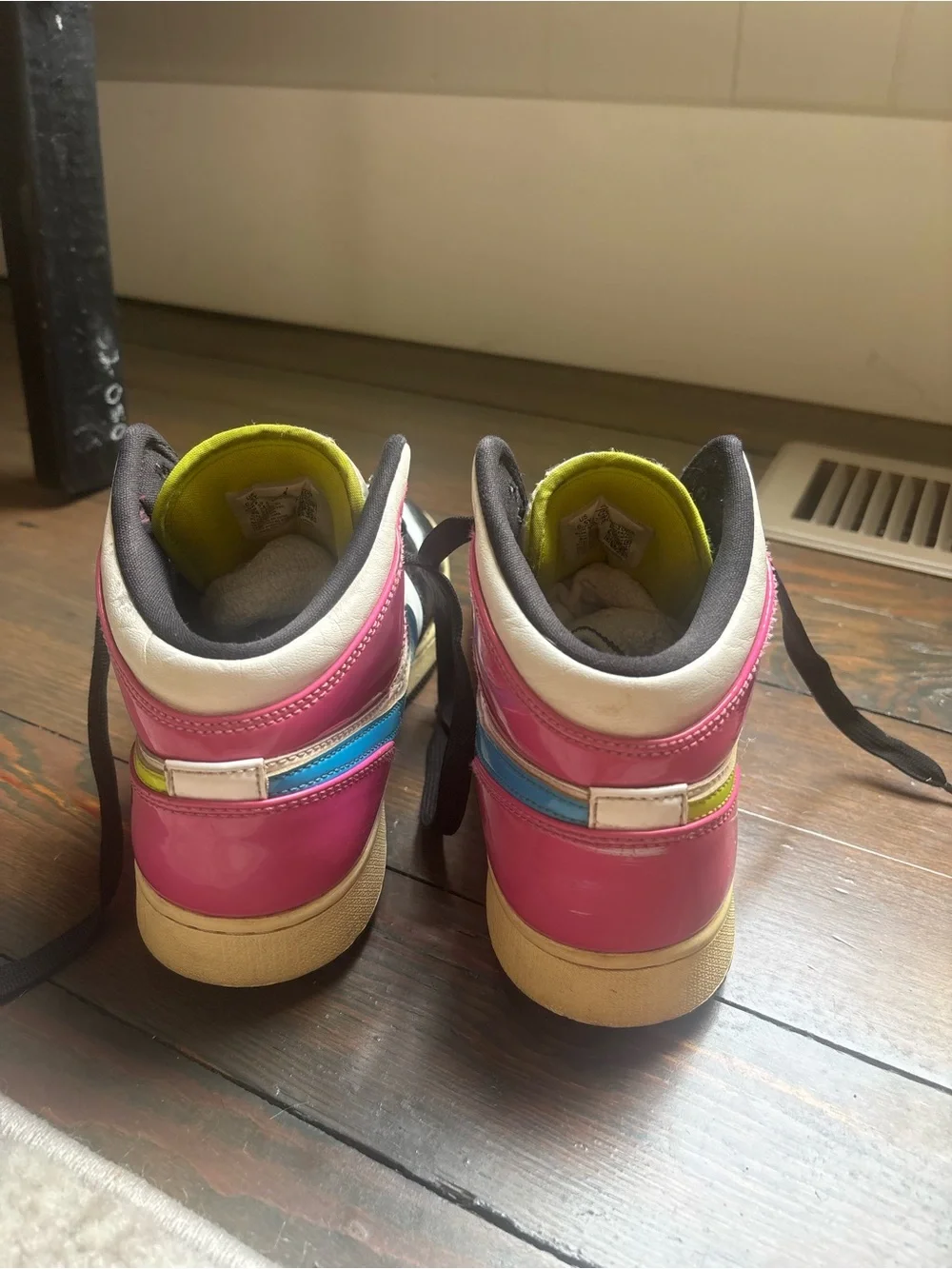Jordan Women's High Top Sneakers in Pink, Blue, Lime, Black, White